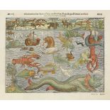 Sebastian Munster,Meerwunder und seltzame Their (Sea Monsters)- Hand-Coloured Chart. Basle,1552.
