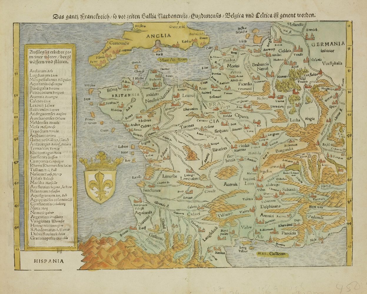 Sebastian Munster,1. France- Galliae regionis nova descripto (Hand-Coloured Map). Basle, c1550. vg;