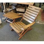 A folding mid 20th century teal reclining steamer chair, 67cm wide, and a small table (2)