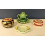 A Royal Vienna porcelain lidded pot, signed H Veer, together with another, a china dish, and an