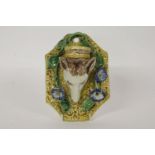 A Majolica pottery wall pocket, modelled as a fox, stirrup cut, 18.5cm high, chipped