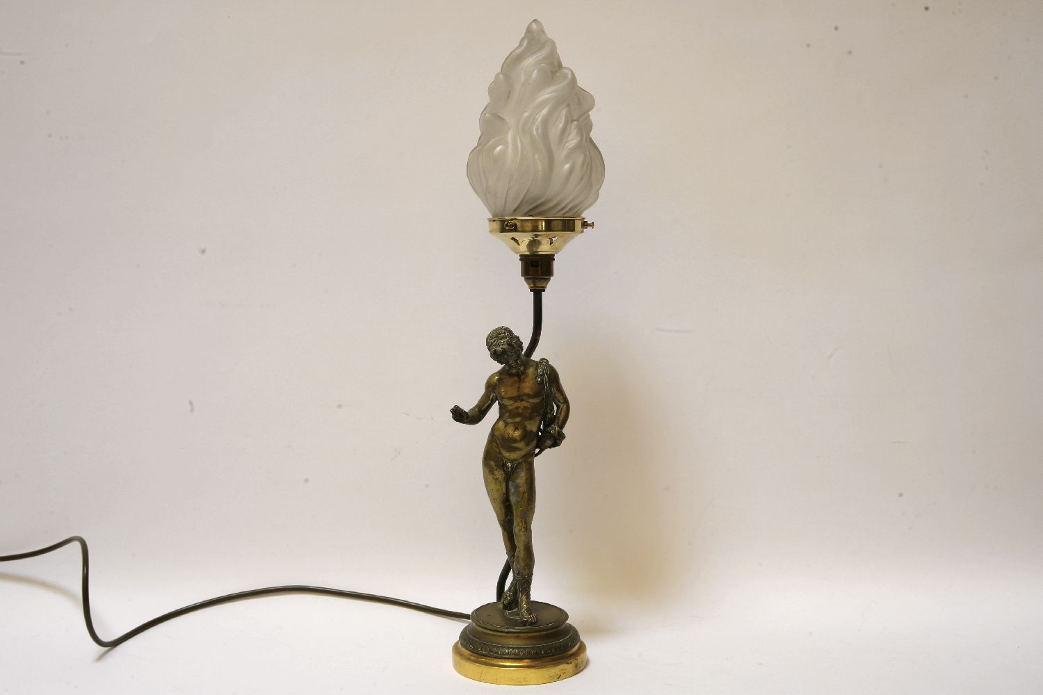 A brass Grecian figure lamp, with flambe shade, 60cm