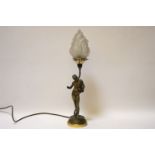 A brass Grecian figure lamp, with flambe shade, 60cm