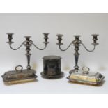 An early 20th century James Dixon & Sons silver plated biscuit barrel, a pair of candelabra and a