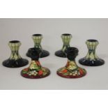 Three pairs of modern Moorcroft dwarf candlesticks, 1999 and 2003 (6)