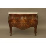 A French style marble topped bombe commode, inlaid foliate decoration 105cm