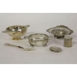 A silver quaich, 15cm diameter, a silver dish sleeve, a pierced dish, a pin box, a cylindrical pot