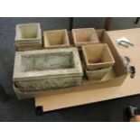 Eight square tapering terracotta plant pots, together with a plaster trough, pots 14cm square,