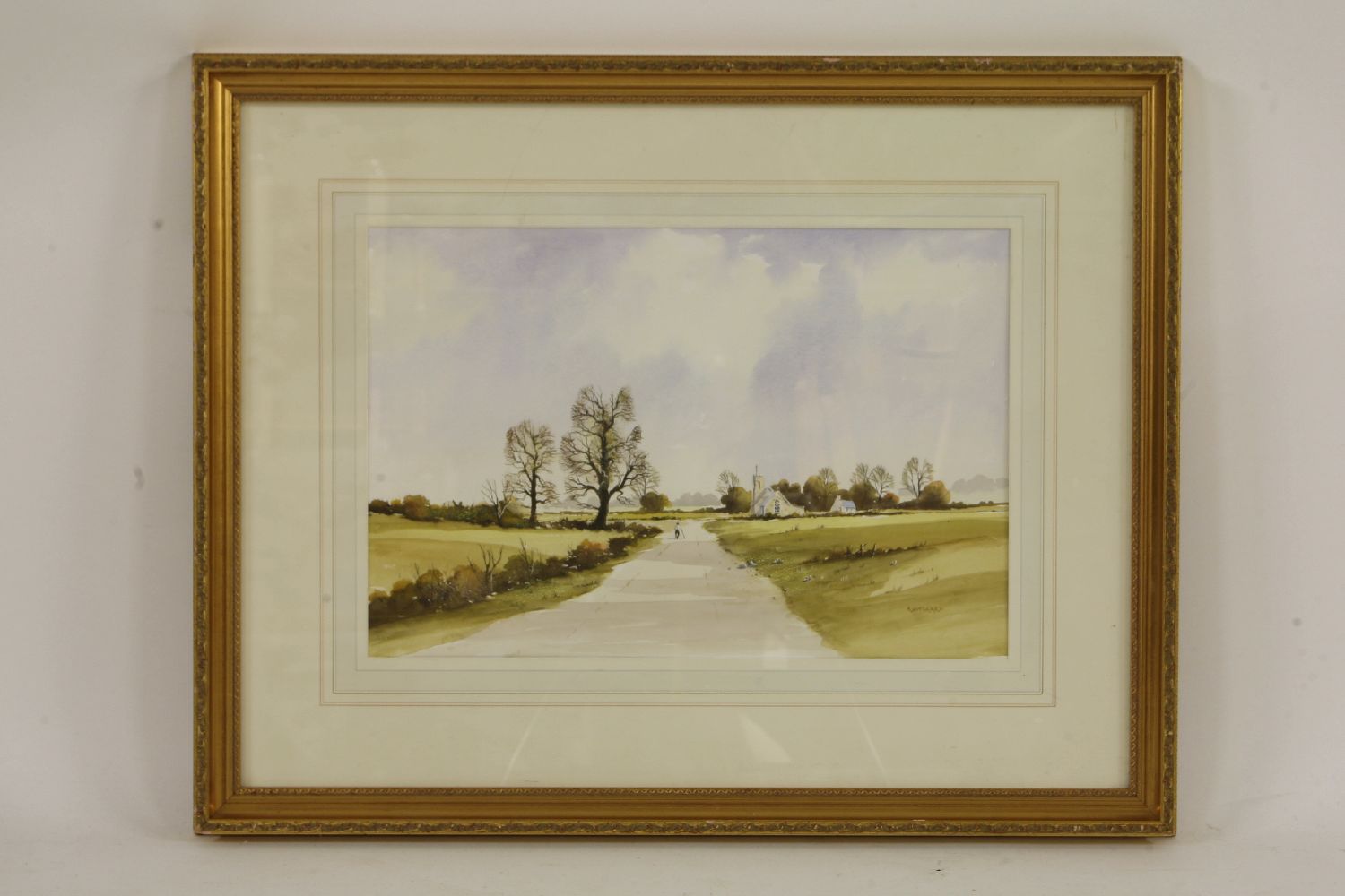 R WitchardRURAL SCENE, FIGURES ALONG A PATH, CHURCH IN THE DISTANCEwatercolour, framed and - Image 2 of 4