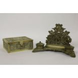 A brass casket, 20cm wide, together with a letter rack/desk stand (2)