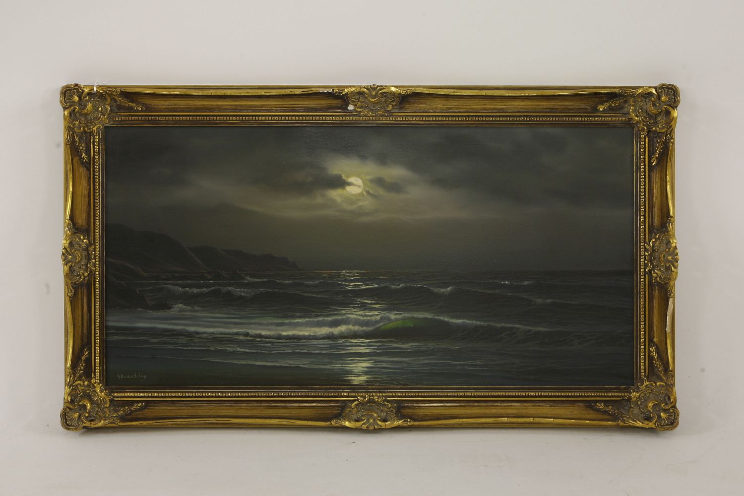 A Beardsley MOONLIGHT SHORE SCENEsigned lower left,oil on canvas, gilt framed39 x 79cm