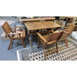 A folding teak table, with slatted top, together with three folding arm chairs, the table 120cm x