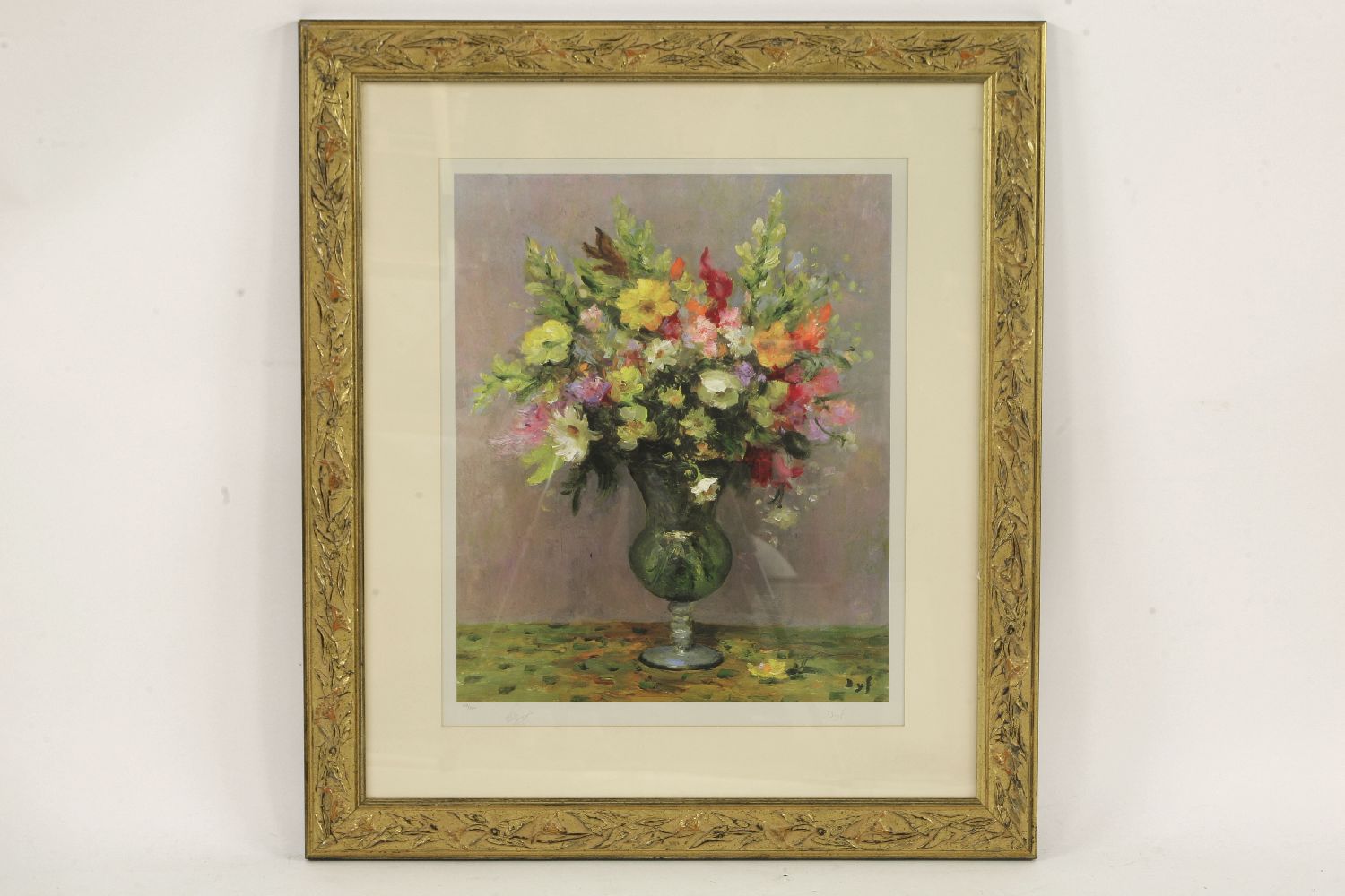 AN ARRANGEMENT OF FLOWERS IN A CLEAR GLASS VASEIndistinctly signed in pencil, l.r., limited