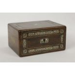A Victorian rosewood and mother of pearl dressing box, fitted glass and silver plated jars, with