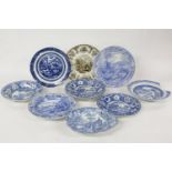 A collection of 19th century blue and white transfer printed plates, to include two Rogers zebra