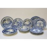 'Tiber' pattern blue and white printed plates, and bowls