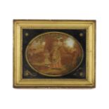 A Regency silkwork embroidered picture, of a mother and child walking in a country lane, with a