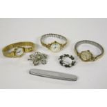 A collection of costume jewellery, to include a ladies 9ct gold Vertex Review mechanical watch on