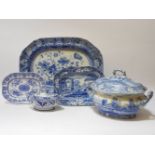 Seven various blue and white dishes, and an assortment of blue and white tureens and dishes, etc.