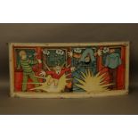 A curved and painted wooden fairground panel, painted with gamers in an arcade and space invaders,