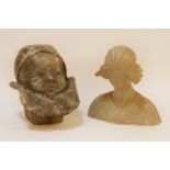A Victorian alabaster bust, of a Pre-Raphaelite woman, 18cm high and one other