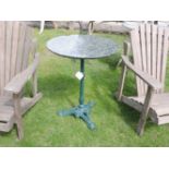 A cast iron conservatory garden table, the circular marble top on green painted cast iron pedestal