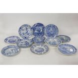 A quantity of late 18/19th century blue and white transfer printed plates, factories including