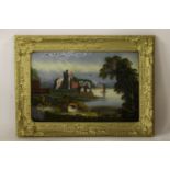 A reverse painting on glass of a landscape, 19th century, in a gilt frame, 56 x 77cm