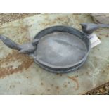 A lead circular birdbath with two perching birds, 53cm wide x 20cm high