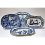 Four Victorian blue and white meat plates: elephant and figures in India, willow pattern variant,