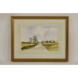 R WitchardRURAL SCENE, FIGURES ALONG A PATH, CHURCH IN THE DISTANCEwatercolour, framed and