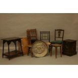 Three various chairs, an oak purdonium, an oak table, stool and sewing chair, pot cupboard