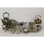 Silver plated items: three piece teaset, kettle on stand, salver, etc.