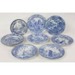 A quantity of late 18/19th century blue and white transfer printed pottery plates, to include two