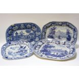 Four Victorian blue and white meat plates, including 'Lancashire', 'English Scenery', 'An Elephant