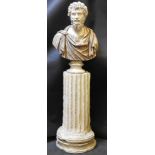 A composition bust of a Roman on a column, bust 84cm high, column 97cm high