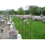 A pair of hand forged wrought iron square garden obelisks, with arrow top finials, 230cm high x 32cm