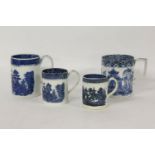 Four various blue and white transfer printed tankards, and mugs, to include a willow/nanking pattern