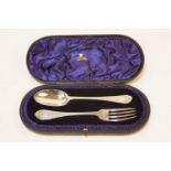 A Victorian bright cut silver fork and spoon, in original Spink & Son case, London 1894