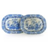 A pair of blue and white printed meat dishes, centred with exotic birds and a turkey, within a