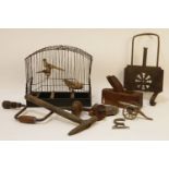 A taxidermists study of three birds in a birdcage, together with assorted metalwares (qty)
