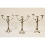 Three Continental silver plated three branch candelabra's, stamp Cosi Italia M95