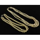 A three row cultured pearl necklace, with paste stone clasp, and a two row simulated pearl