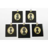 Five early 19th century silhouettes, in ebonised frames with brass oval windows and hangers, each