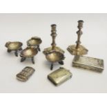 Three Silver Vesta Cases, a pair of candlesticks and four salt sellers