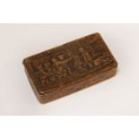 A 17th century carved beech wood snuff box, the rectangular hinged top with relief pictorial scene