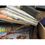 A box of books, together with a box of vintage 'Ideal Home' magazines, etc