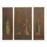 Three oak panels,c.1880-90, each painted with a scene from 'Der Ring des Nibelungen'and Arthurian