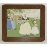 An oak picture frame probably by Liberty & Co.,with a lithographic print of Dutch girls by Henri