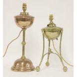 Two copper and brass oil lamps, converted to electricity, 46 and 38.5cm high (2)